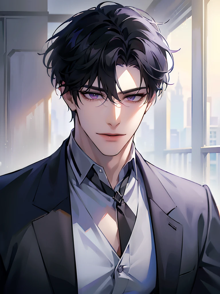 (masterpiece, 8k, high quality, best quality:1.6), 1boy, solo, short hair, black hair, asymmetrical fringe, purple eyes, handsome, sharp eyes, (mature male, mature:1.2), male focus, fashionable, tucked in open white collared shirt, gray pants, necklace, close up, smile, long eyelashes, soft shadows, perfect anatomy, hand touching viewer