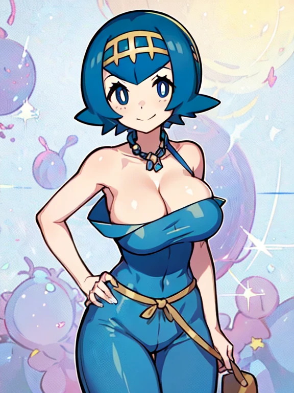 (masterpiece), 1girl, solo, cleavage, hanging , leaning forward, wide hips, horny face, pkmnLana, pokemonlana, pokemonlana, blue eyes, blue hair, freckles, hairband, short hair, white pupils, yellow hairband, (bright pupils:1.5), big breasts, large breasts, breast focus, both hand on hips, smirk