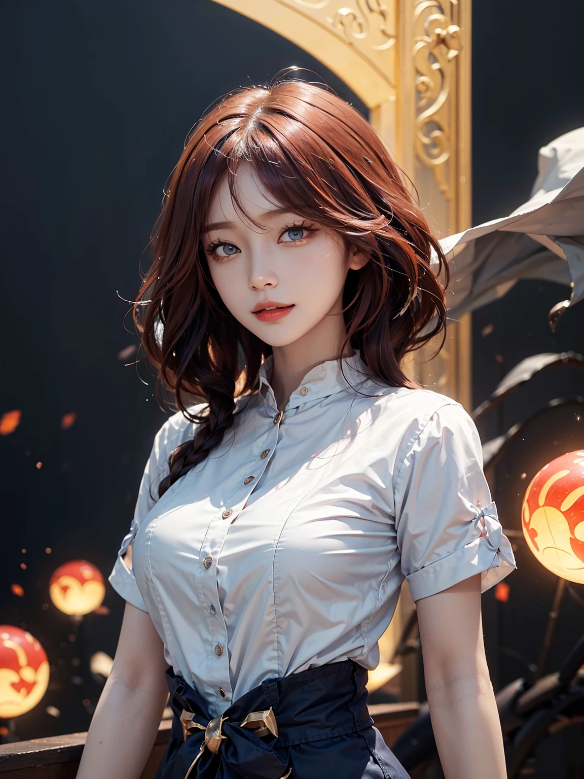 a woman with long hair wearing a white shirt, upper body, cowboy shot, medium shot, 1 8 yo, 18 years old, 19-year-old girl, xintong chen, korean girl, xision wu, heonhwa choe, 2 2 years old, 21 years old, ulzzang, wenfei ye, young cute wan asian face, lips, makima (chainsaw man), best quality, ultra detailed, dynamic pose, 1girl, solo, standing, red hair, long braided hair, golden eyes, bangs, detailed iris, sparkle eyes, star in eyes, enchanting orange eyes, (multicolored eyes), (red hair:1.3), (floating hair:1.3), (hair between eyes), (hair over one eye:1.1), (floating hair:1.1), perfect breasts, round breasts, stare, smile, (evil:1.2), looking at viewer, (interview:1.3), (dark background), sharp contrast , gorgeous detailed eyes, focus, close up shot, glowing orange eyes, front view