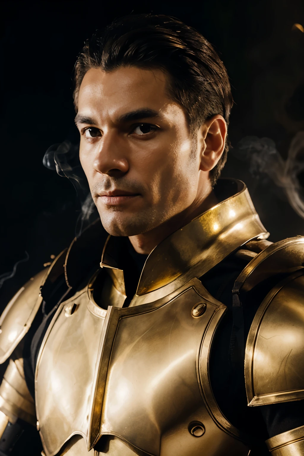 8k Portrait, A man wearing gold metal armor, background is black, warmlight from black, light smoke