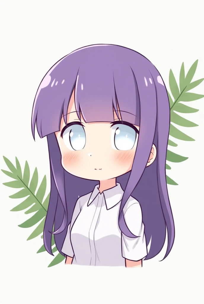 nozochibi, 1girl, solo, blush stickers, (chibi:1.4), simple background, upper body, fern, purple hair, bangs, purple eyes, blunt bangs, closed mouth, long sleeves, shirt, breasts, dress, white shirt, bright pupils, white pupils, expressionless, large breasts, blush, sidelocks, big boobs
