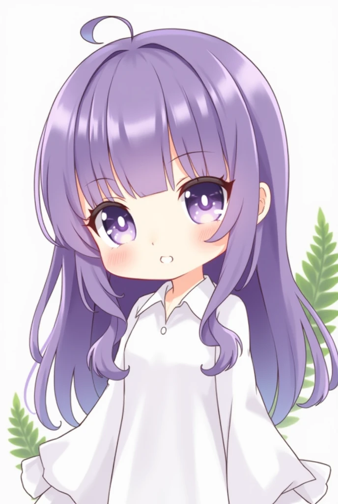 nozochibi, 1girl, solo, blush stickers, (chibi:1.4), simple background, upper body, fern, purple hair, bangs, purple eyes, blunt bangs, closed mouth, long sleeves, shirt, breasts, dress, white shirt, bright pupils, white pupils, expressionless, large breasts, blush, sidelocks, big boobs