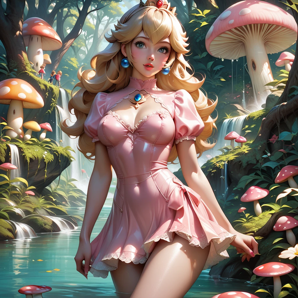 Princess Peach leans into a mushroom forest picking mushrooms from the ground. wearing a short dress, tight dress, long wavy blonde hair, seductive body. Detailed body, detailed clothing, well-defined beach. masterpiece, vivid colors.