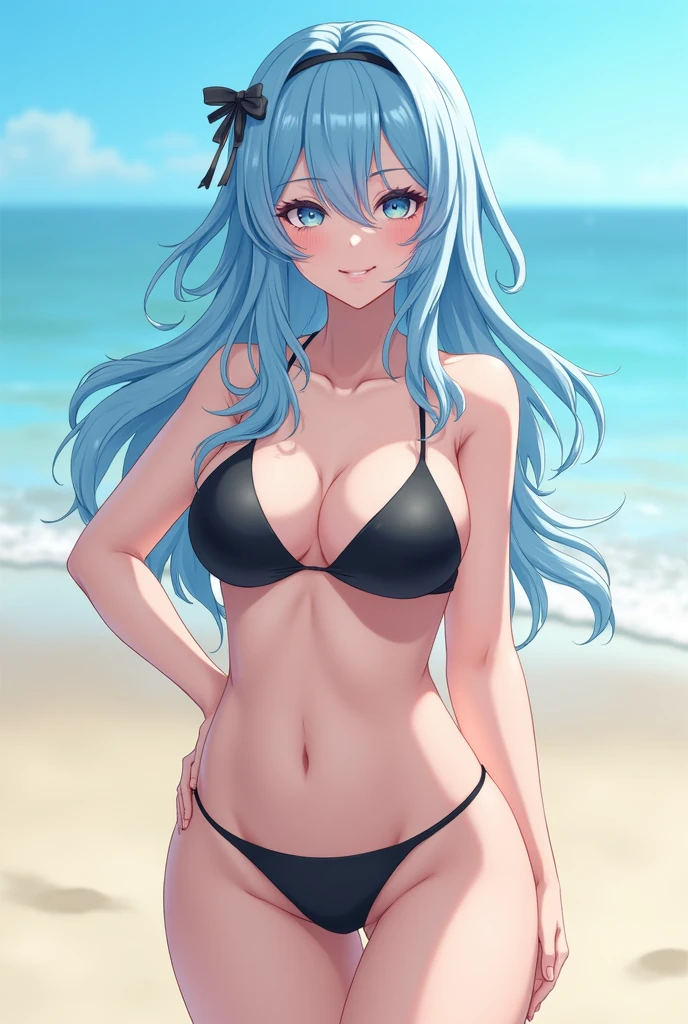 masterpiece, best quality, standing, LiselotteCretia, light smile, long hair, wavy hair, bangs, hair between eyes, hair bow, blue eyes, (blue hair:1), black bikini, beach 