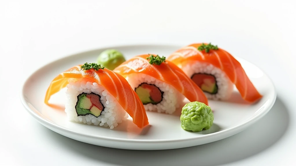 : A delicate plate of sushi rolls with wasabi and ginger, neatly arranged on a white background. 8k  