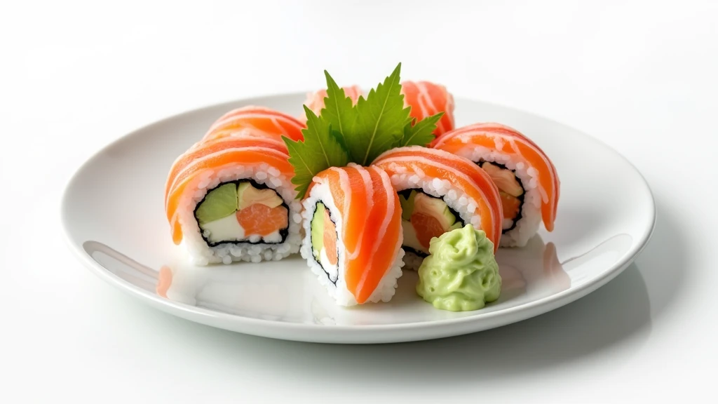 : A delicate plate of sushi rolls with wasabi and ginger, neatly arranged on a white background. 8k  