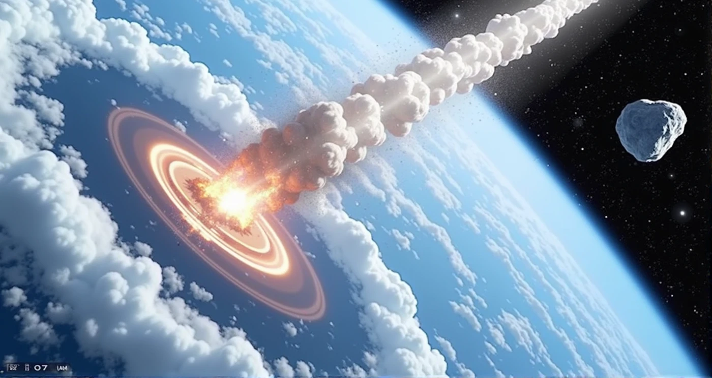 ((scientific credibility)), a asteroid impact on a Earth planet, the asteroid falls at an angle of 70 degrees, asteroid burns as it enters earth's atmosphere, asteroid smoke trail, highly detailed, cinematic, dramatic lighting, volumetric clouds, cinematic camera angle, muted color palette, photorealistic, 8k, best quality, beach, forest 