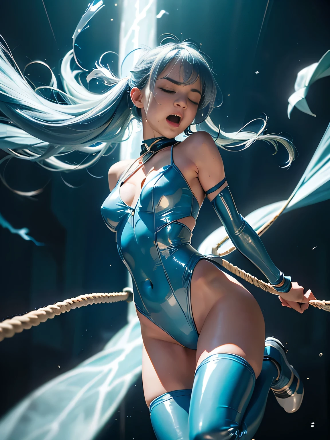 superheroine, long long gorgeous light blue hair, ((rough rope wrapped around body, tighten up)), latex, leotard, skyblue and white costume, captured, shibari, static restrained, ((arms behind back)), chained, rope bind,collared, cruelly, painful, helpless, humiliating, regrettable, being whipped,((screaming in pain)), falling body, eyes closed, running away, ((directly strucked by electric shock)), lean back, body lying down, body fall down, floating in air, full body shot, in alien land, bondage