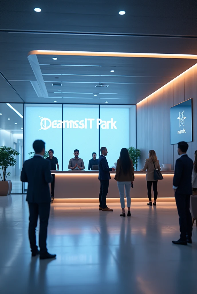On the desk front of an organization, 'Dreams IT Park' is written. A few service seekers are taking services from the admin