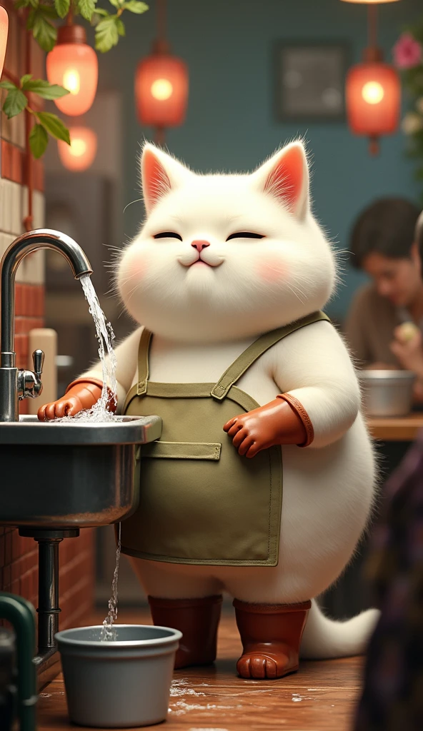 A cute light white, chubby cat with thick, fluffy fur is washing dishes in a lively Indonesian restaurant. The cat stands in front of a sink with water flowing from the faucet, with a bucket placed underneath. The cat is dressed in rubber gloves, boots, and an apron, looking adorably determined as it goes about its task amidst the bustling, crowded atmosphere of the restaurant.