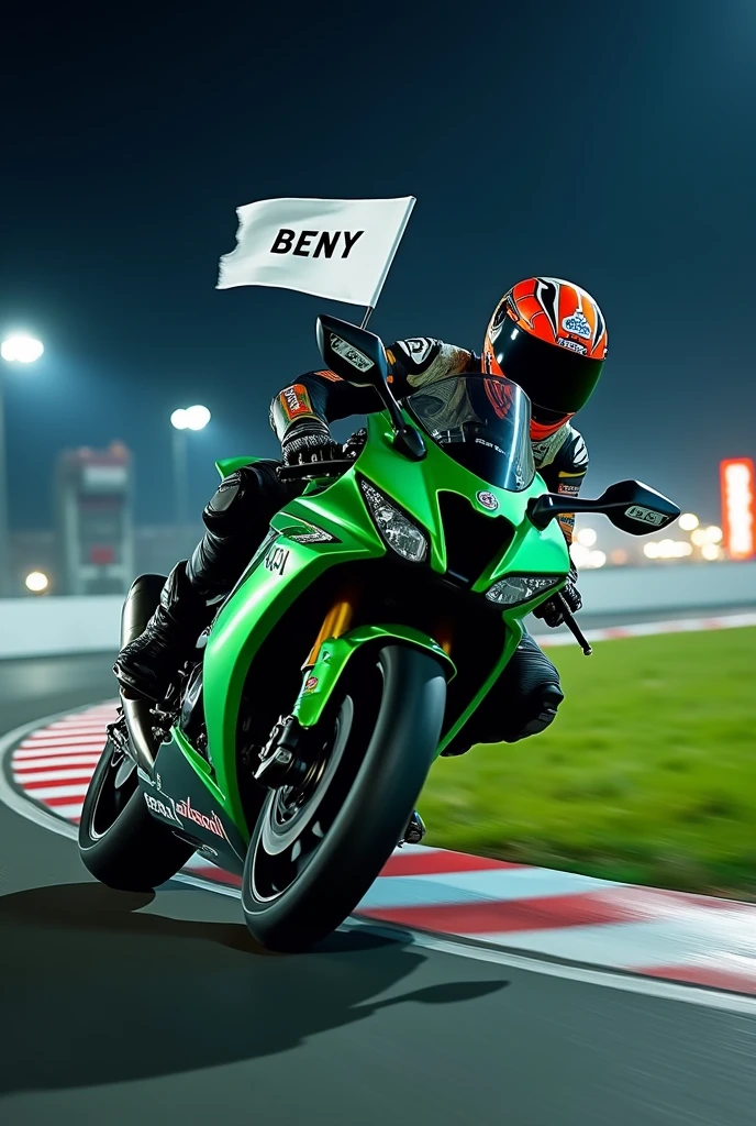 ((best quality)), ((masterpiece)), (detailed), 1man, superbikes rider on cornering pose, one hand holding white flags with text BENY pose to the camerawearing racer wearpack, ninja motorcycle type 150R 2strokes(green metalic)with sponsors stickers, low angle camera, at nights, race helmet motif, red white corner line, green grass, lightings, podium and billboard, realistics and detailed vision.