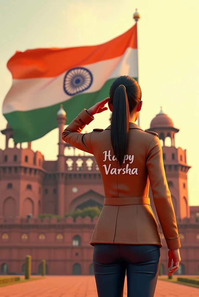 In front of the Red Fort, a large Indian flag is prominently displayed. A Woman is standing and saluting towards the flag, wearing a jacket with the name 'Varsha' written on it. Nearby, the words 'Happy Independence Day' are clearly visible, creating a patriotic and powerful 3D scene