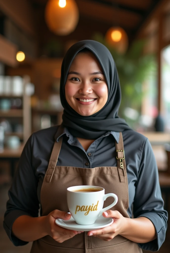 created a beautiful woman hijab ((headscarf behind neck)) with a fat body, glasses, slightly overweight, medium breasts, Malay face. Barista shirt, her was a restaurant waiter who delivered a cup of warm coffee, The cup making word Gold inscription "payid", the background is village cafe. the image is very detailed, super HD
