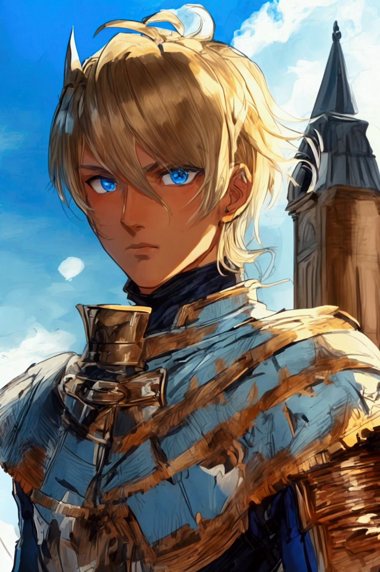 masterpiece, expressive eyes, perfect face, best quality, 1boy, male focus, solo focus, Adult, Fighter, Echo Knight, light blue eyes, tanned skin, cropped hair, clean hair, wavy hair, ash blonde hair, Hunter, Celestial, Church belfry, fingerless gloves, bloodborne, glowing blue eyes