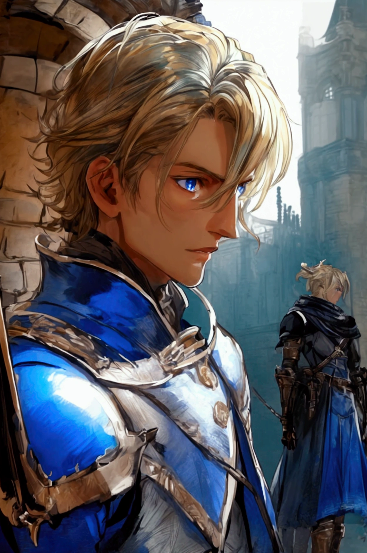 masterpiece, expressive eyes, perfect face, best quality, 1boy, male focus, solo focus, Adult, Fighter, Echo Knight, light blue eyes, tanned skin, cropped hair, clean hair, wavy hair, ash blonde hair, Hunter, Celestial, Church belfry, fingerless gloves, bloodborne, glowing blue eyes
