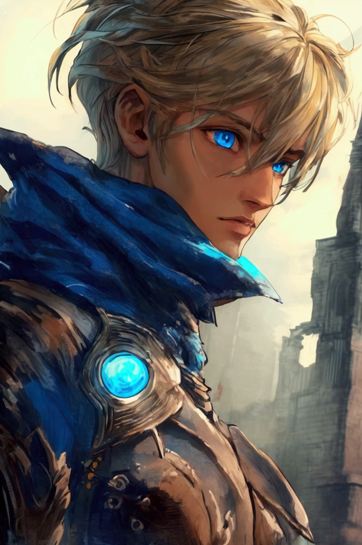 masterpiece, expressive eyes, perfect face, best quality, 1boy, male focus, solo focus, Adult, Fighter, Echo Knight, light blue eyes, tanned skin, cropped hair, clean hair, wavy hair, ash blonde hair, Hunter, Celestial, Church belfry, fingerless gloves, bloodborne, glowing blue eyes
