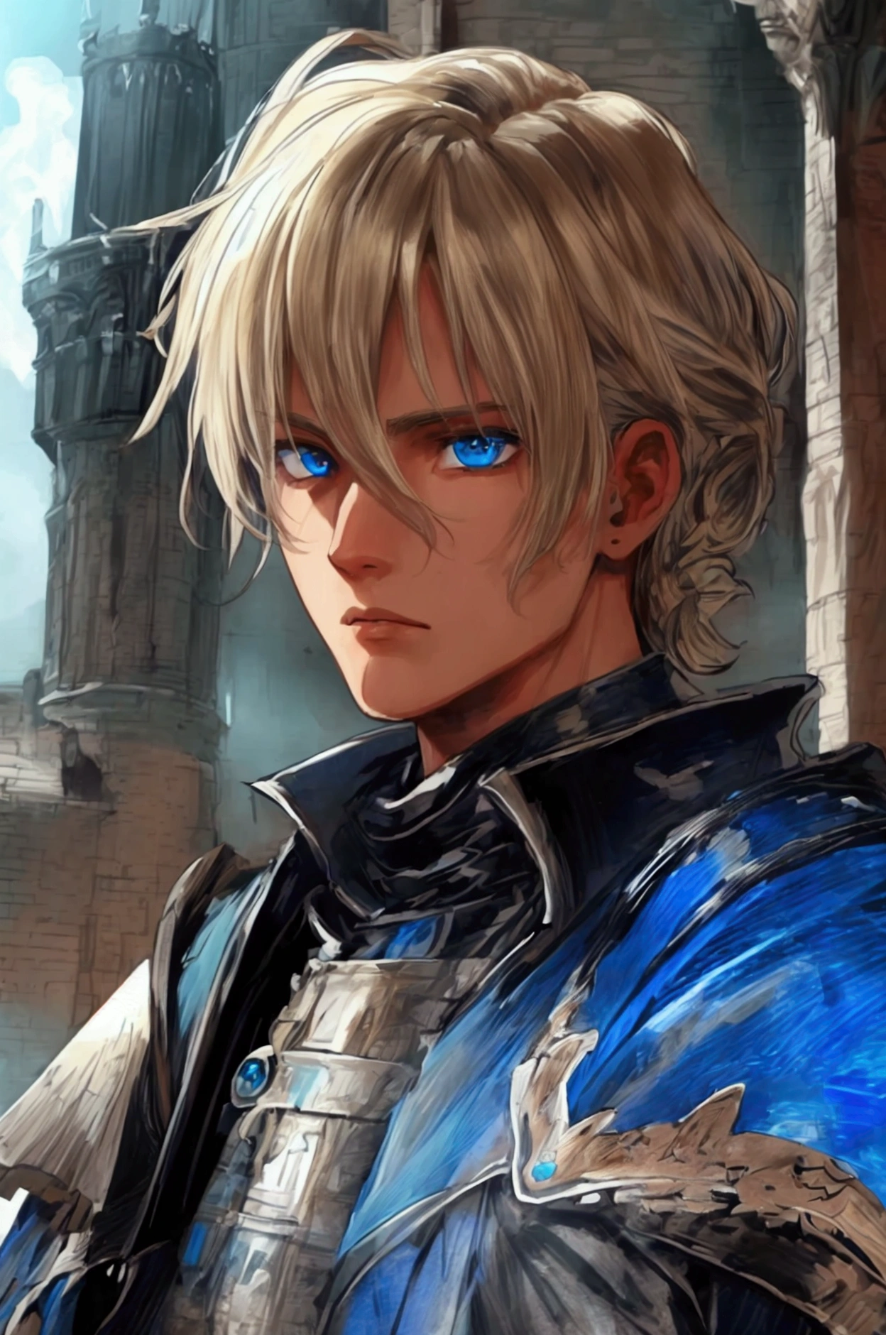 masterpiece, expressive eyes, perfect face, best quality, 1boy, male focus, solo focus, Adult, Fighter, Echo Knight, light blue eyes, tanned skin, cropped hair, clean hair, wavy hair, ash blonde hair, Hunter, Celestial, Church belfry, fingerless gloves, bloodborne, glowing blue eyes