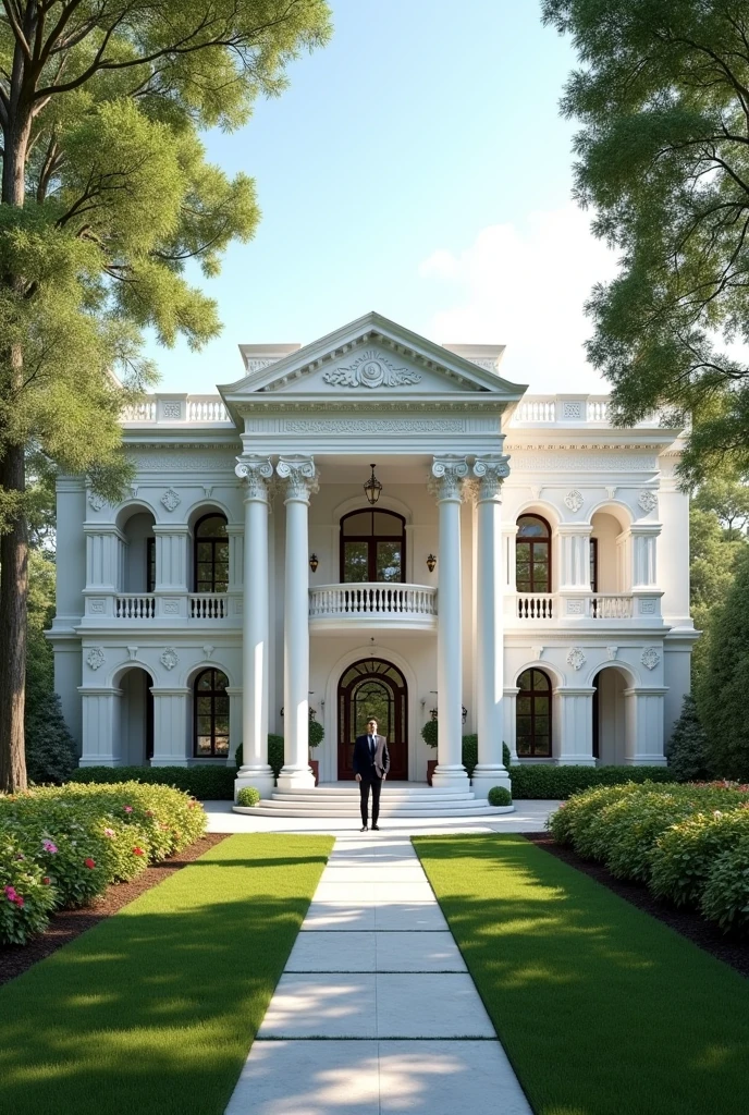 Elon Musk in a white mansion with arches on its pillars, the field with gardens and leafy trees