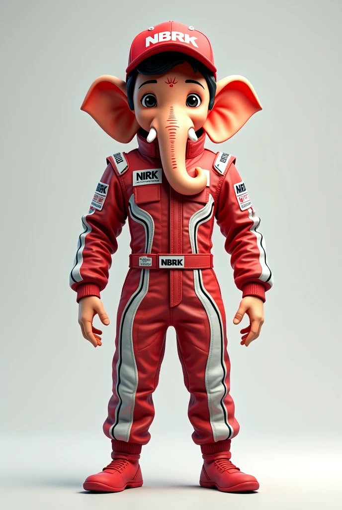 Young God Vinayaka with fair complexion as the formula one racer with racing suit in standing position without car with NBRK hat
