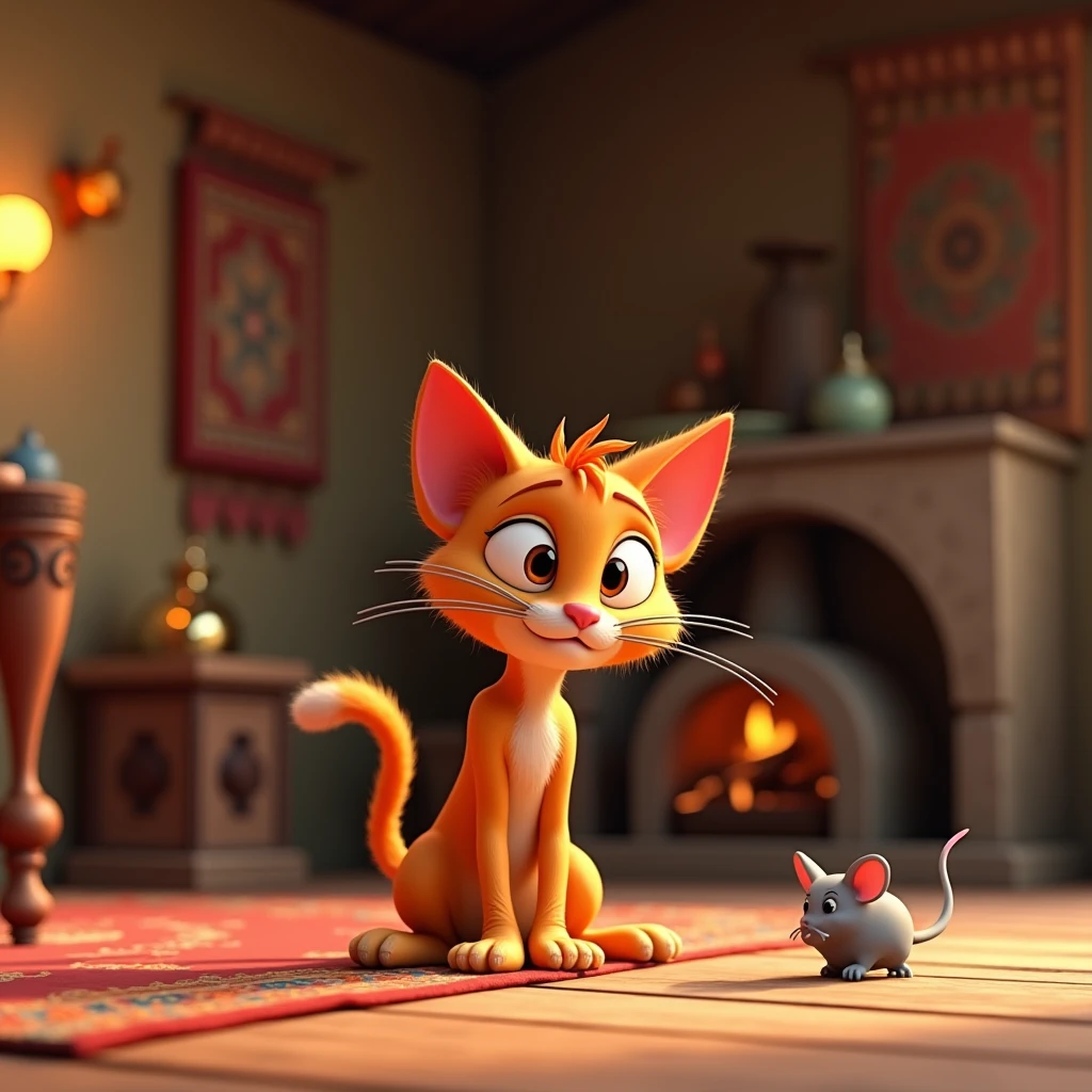 3d animation style "Billu, the mischievous orange tabby cat, thinking of a plan to catch Minni, a small gray mouse, in a cozy, rustic Indian village home"
