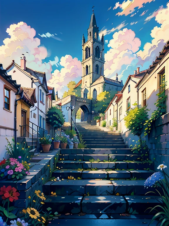 Masterpiece, high quality, best composition, summer landscape, cinematic light, old Italian town, narrow cobblestone streets lined with houses on both sides, colorful flowers in the windows of the houses, stone stairs leading to the end of the cobblestones, church at the top of the stairs, blue sky, white clouds.