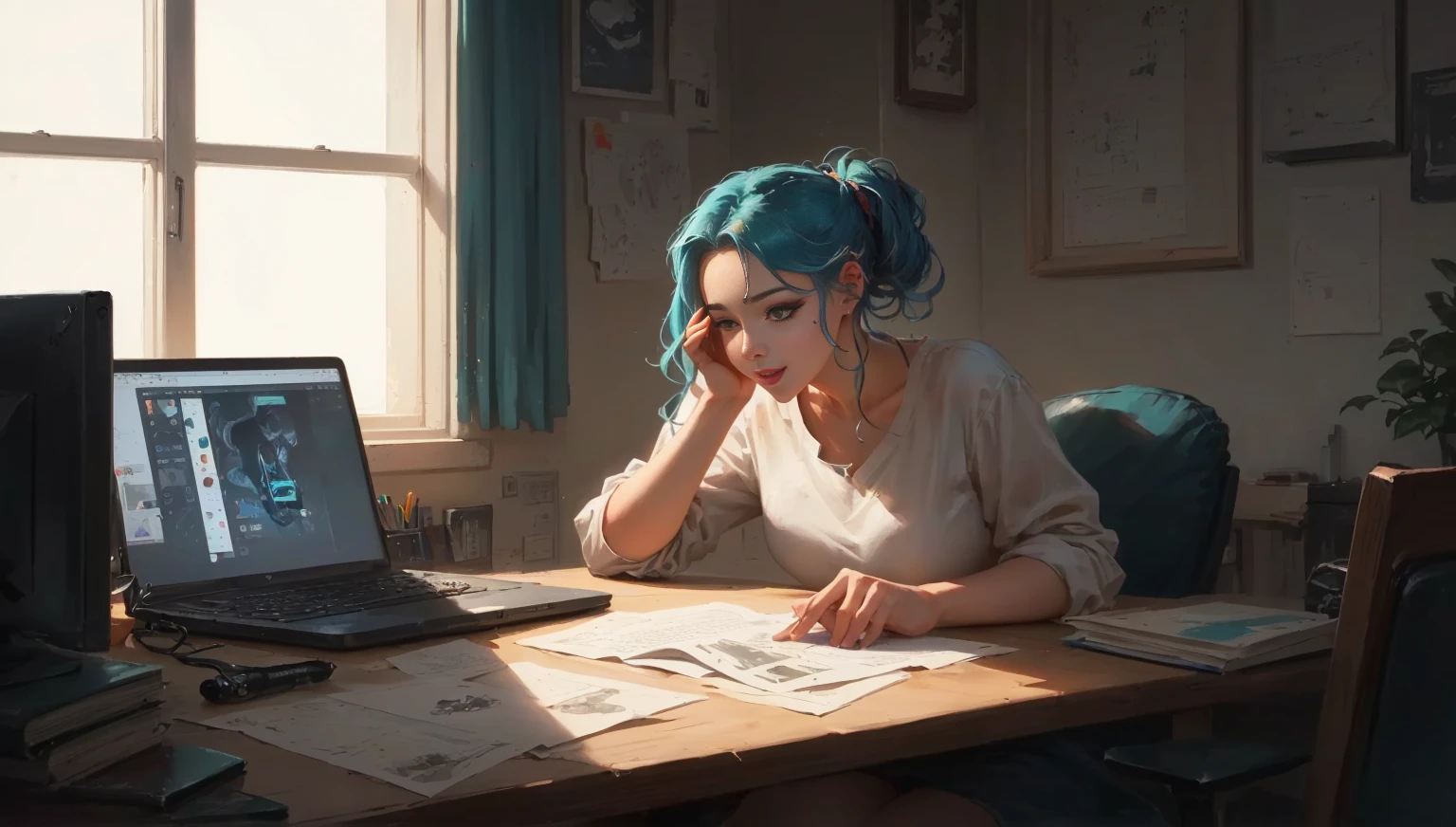 There is a woman standing at the desk,Open hands,happy facial expression, guweiz style artwork, Rostran style, Digital anime illustration, emotional concept art, 靈感來自Rostran, anime girl with teal hair, Rostran. Landscape Background, guweiz on pixiv artstation, in the style of Rostran,