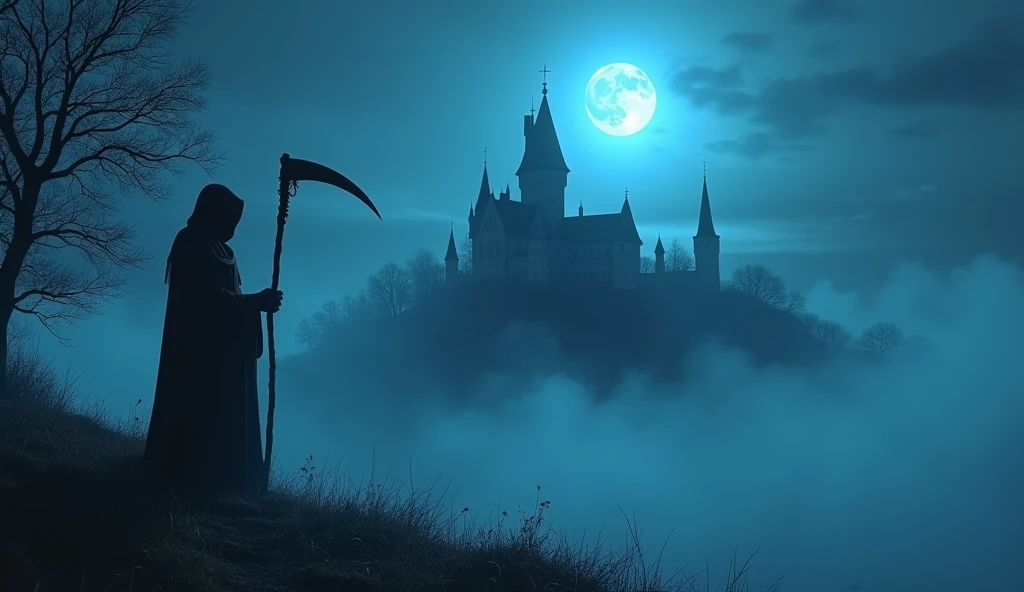 Mysterious Fog, light particles, old castle, blue moon, The Grim Reaper stands with his scythe,