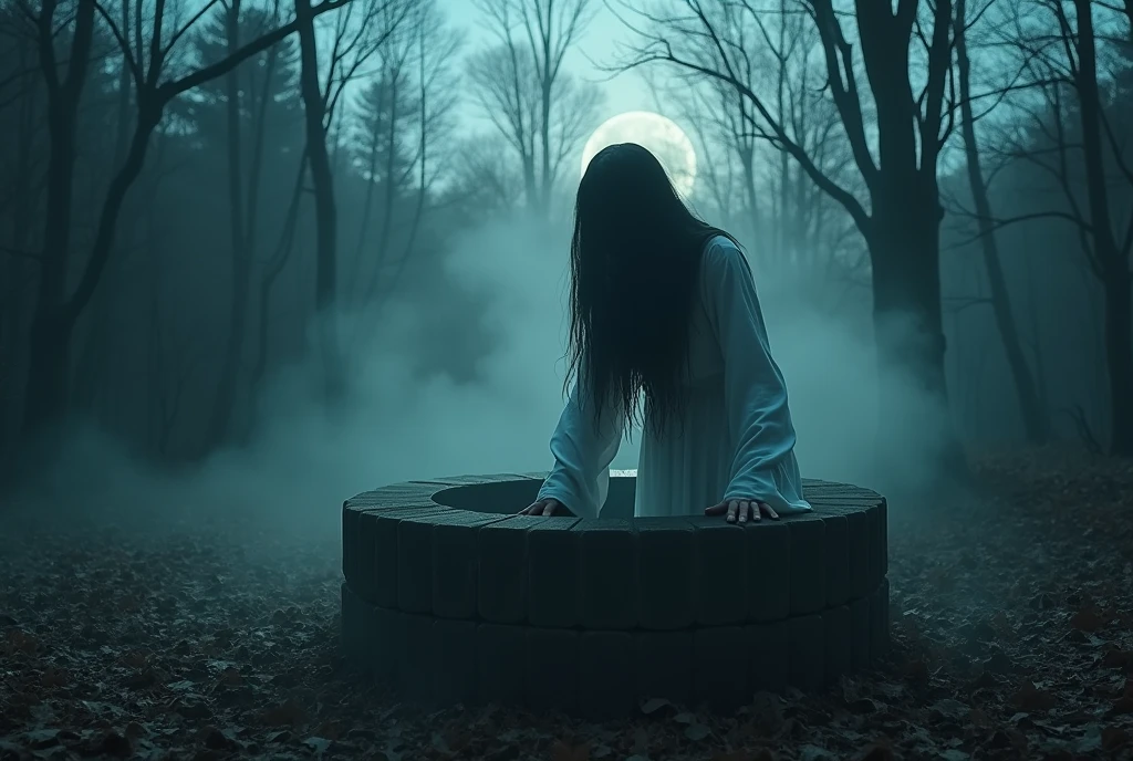 (masterpiece, best quality, super detailed), Super realistic, In the forest, bathed in the dim light of the moon, there is an old well in a field of dead leaves. A ghostly woman from Japanese folklore just emerges from the well. She is wearing a long, flowing white robe, and her black hair cascades down her face. (She has her hands on the edge of the well, and her head has just emerged from the well). ((A Mysterious Fog surrounds the well thick)), unsettling atmosphere, Inspired by the movie Ring