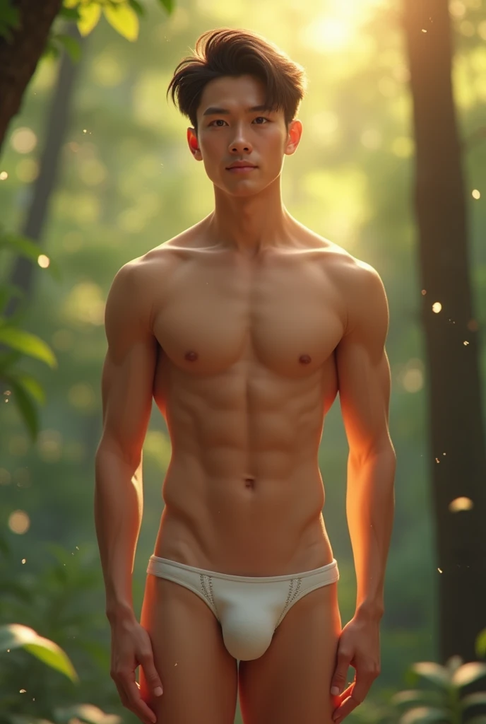 (a cute boy:1.1, Chinese gentleman, tan skin tone, photorealistic:1.37), (best quality, 4k, 8k,highres, masterpiece:1.2), ultra-detailed, realistic:1.37, professional, vivid colors, bokeh, sharp focus, physically-based rendering,   body build, -like, twink, wearing small micro thong, full body, natural lighting, forest background, playful expression, innocent eyes, soft skin, gentle sunlight, subtle shadows, warm color palette