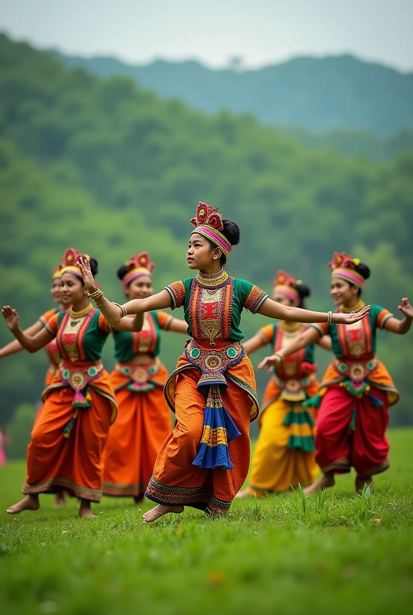 Capture a group of Manipuri dancers performing their traditional dance in the serene green hills of Sylhet. The dancers wear vibrant traditional attire, with women in colorful sarongs (sarongs) and elaborate headpieces, while the men wear dhotis and turbans. The scene is set during a cultural festival, with the rhythmic beat of drums and the soft melodies of traditional Manipuri instruments filling the air. The dancers' graceful hand movements and circular formations reflect the deep spirituality and connection to nature that this dance embodies. The lush landscape of Sylhet provides a stunning backdrop, emphasizing the harmony between culture and environment.This prompt focuses on the elegance of Manipuri dance and its deep cultural roots within the natural beauty of Bangladesh. realstic like canon mark three camera Used 8 k qulity