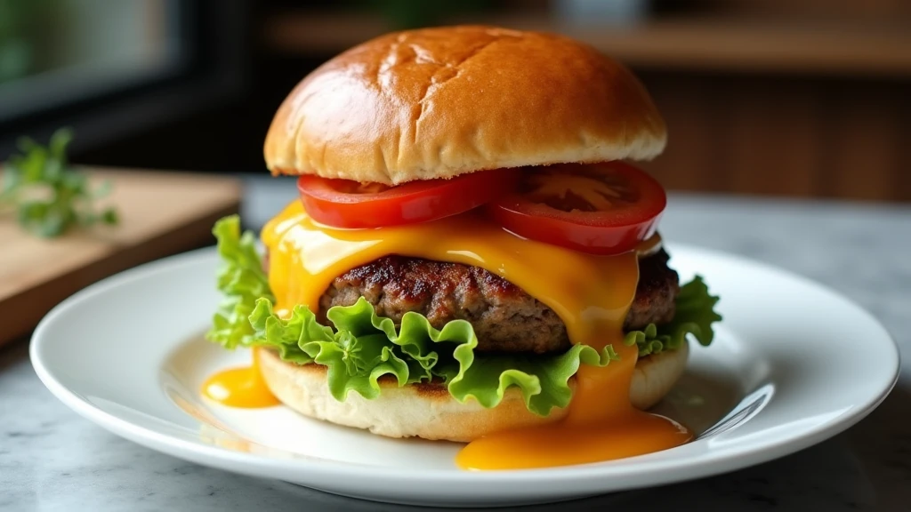 : A gourmet burger with crisp lettuce, juicy tomato, and melted cheese, presented on a pristine white plate. 8k