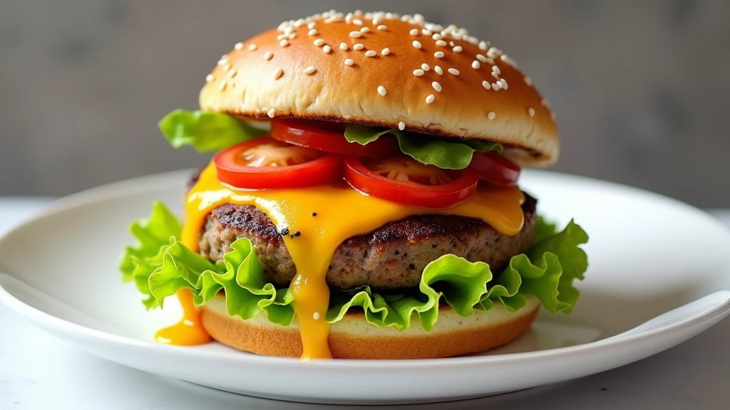 : A gourmet burger with crisp lettuce, juicy tomato, and melted cheese, presented on a pristine white plate. 8k