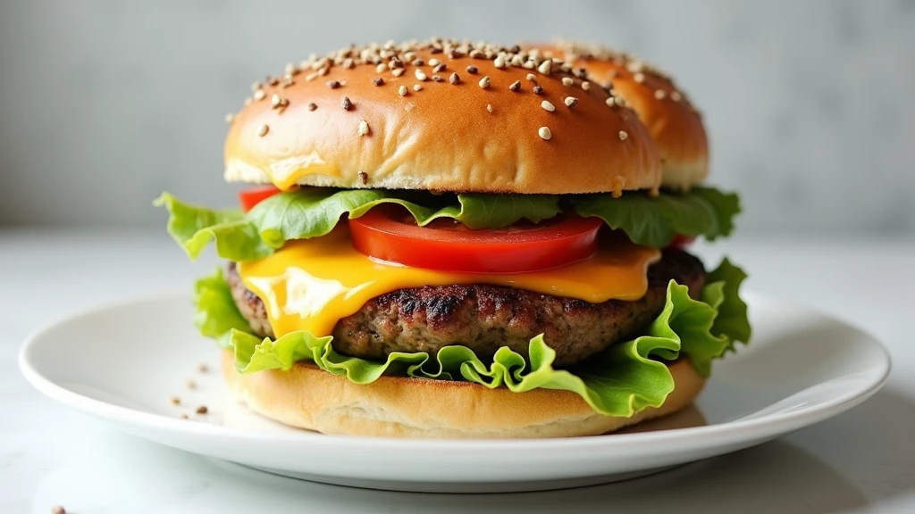 : A gourmet burger with crisp lettuce, juicy tomato, and melted cheese, presented on a pristine white plate. 8k  