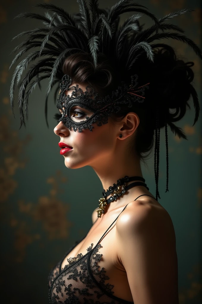 Burlesque woman with feathers and a lace mask in profile pose