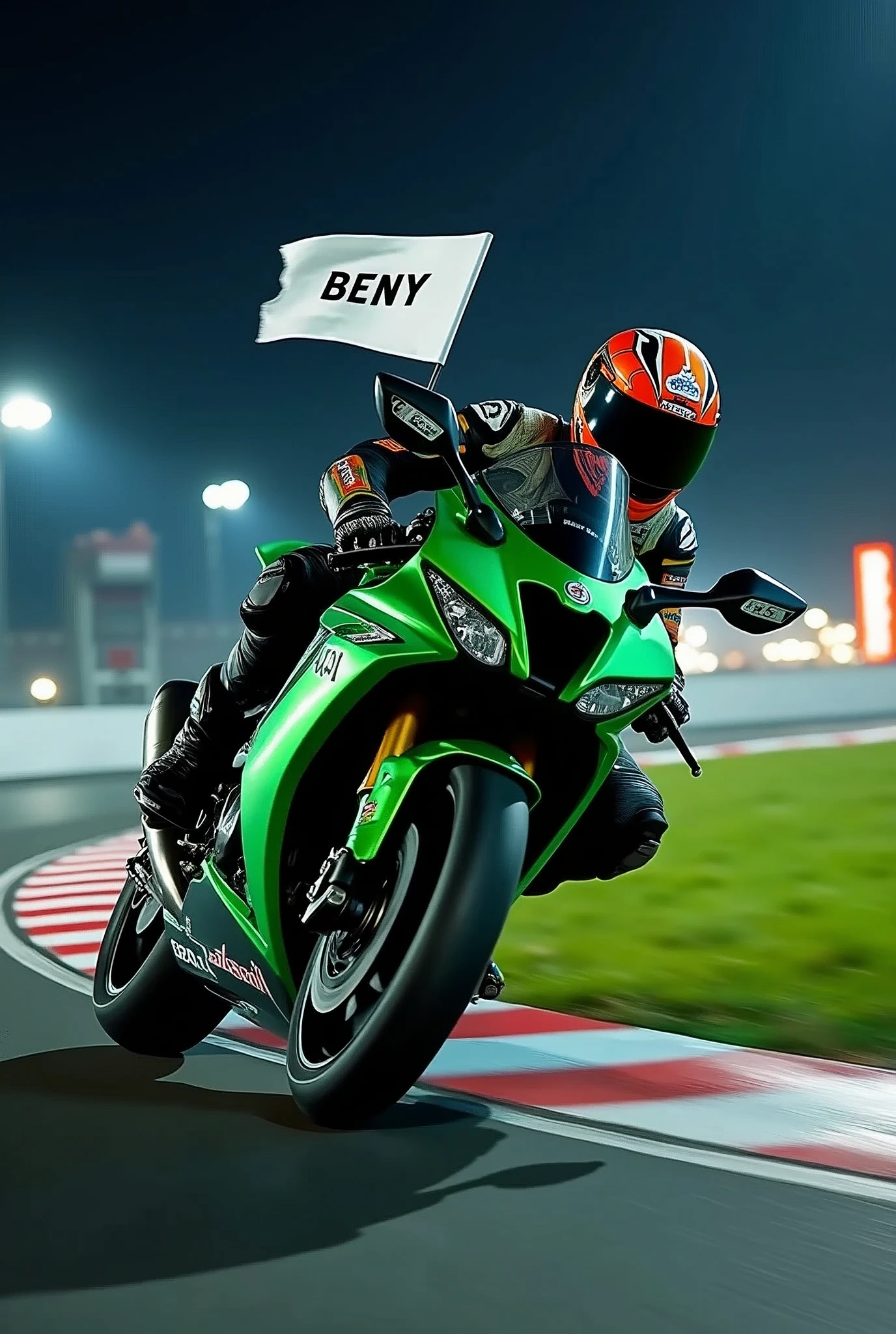 ((best quality)), ((masterpiece)), (detailed), 1man, superbikes rider on cornering pose, one hand holding white flags with text BENY pose to the camerawearing racer wearpack, ninja motorcycle type 150R 2strokes(green metalic)with sponsors stickers, low angle camera, at nights, race helmet motif, red white corner line, green grass, lightings, podium and billboard, realistics and detailed vision.