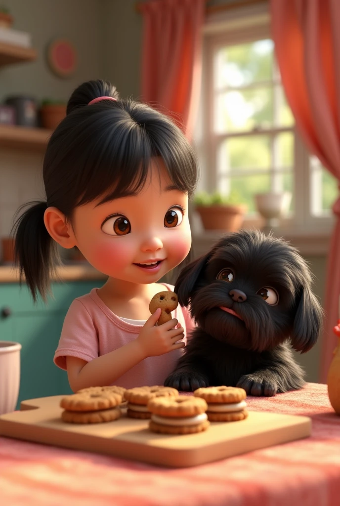 1girl, cute black shih tzu puppy, 3d render, 2d animation, eating cookies, colorful, 3d pixar style, dynamic composition, cinematic lighting, baking cookies, photorealistic, high quality, intricate details, soft textures, warm colors, playful expression, adorable, photorealistic, best quality, 8k, hyperrealistic, detailed, sharp focus, professional 3d rendering