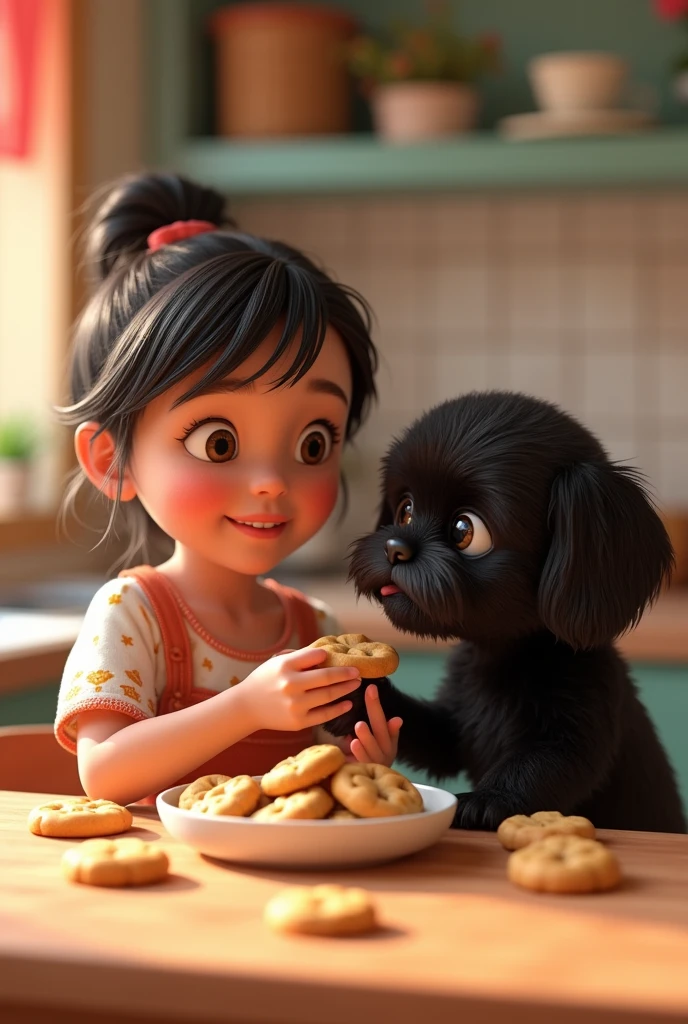 1girl, cute black shih tzu puppy, 3d render, 2d animation, eating cookies, colorful, 3d pixar style, dynamic composition, cinematic lighting, baking cookies, photorealistic, high quality, intricate details, soft textures, warm colors, playful expression, adorable, photorealistic, best quality, 8k, hyperrealistic, detailed, sharp focus, professional 3d rendering