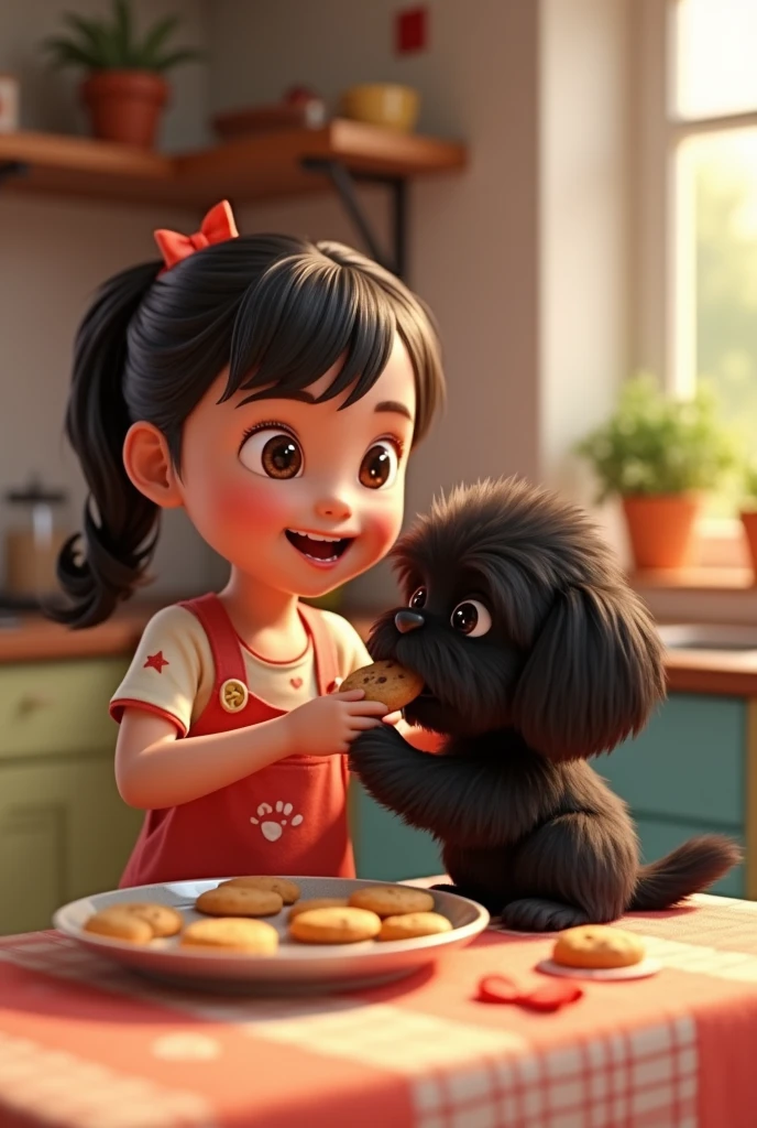 1girl, cute black shih tzu puppy, 3d render, 2d animation, eating cookies, colorful, 3d pixar style, dynamic composition, cinematic lighting, baking cookies, photorealistic, high quality, intricate details, soft textures, warm colors, playful expression, adorable, photorealistic, best quality, 8k, hyperrealistic, detailed, sharp focus, professional 3d rendering