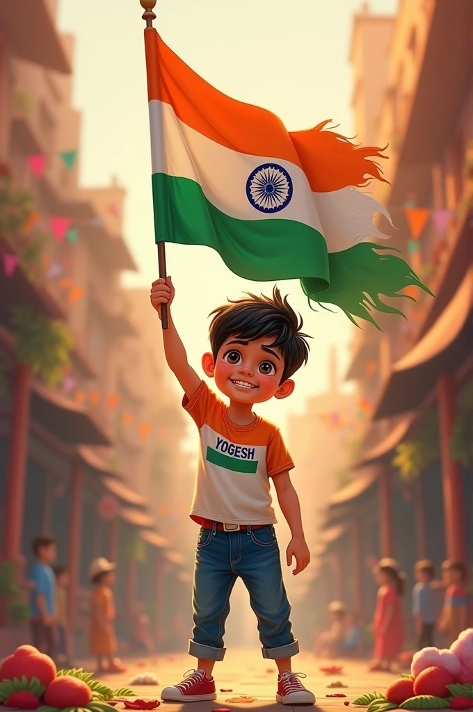A yogesh name tshirt boy holding Indian flag