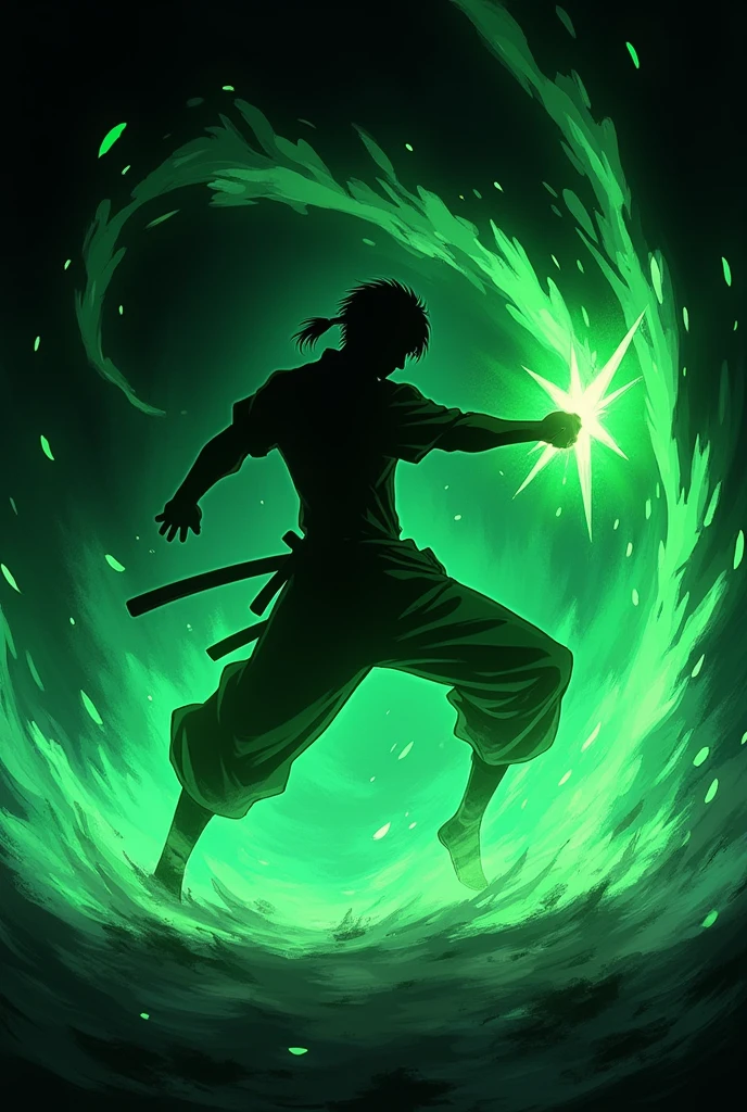 ((Best Quality)), ((masterpiece)), ((detailed)), ((High Definition)), an aura of sword slashes in anime style, all the green color, with the black silhouette of a simple person in the center, dynamic movement, fighting pose, whirlwind of wind cuts. With a black background.