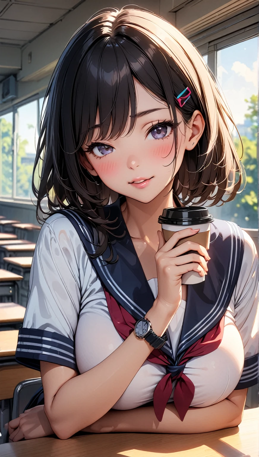 Commemorative photo, 1 person, Black Hair, Shortcuts, Hair Clip,Watch viewers embarrassedly, School uniforms, Sailor suit, classroom,Window:1.2, blush, (Coffee cup in hand):1.4, Mouth closed,Beautiful lips,Ample breasts, Light and shadow with attention to detail, Background Blur:1.2, Shallow depth of field, (Highest quality:1.2, 4K, 8k, Very detailed, Attention to detail, masterpiece:1.2, Best aesthetics),