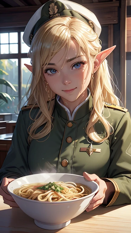 masterpiece, Highest quality, Highly detailed CG Unity 8K wallpapers,((Seat image)), ((soba noodle shop counter, eating an unknown type of noodles)), (Long pointy ears), Elegant long wavy platinum blonde hair, ((Average Chest Circumference, Self-illuminating skin)), ((light military uniform, Troop badge)), (Sweaty, Wet white skin), (A simple hat), (blush), , (Captivating smile), cute, Symmetrical face, fine grain, Key Art, Awards, intricate detail realism hdr, Photorealism, Hyperrealism, Ultra-realistic, Dramatic Light, Strong Shadows, Nice views, Written boundary depth