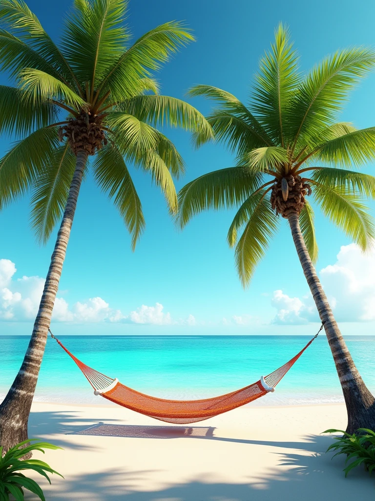 Caribbean beach with fine white sand and turquoise water in the background. In the foreground 2 large palm trees separated by a hammock