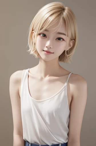 armpits,Create a photo of a korean Asian ager,((beautiful cute idol girl:1.5)), plutinum blonde hair,11yorow eyes:1.5,slim face,slim neck,((thinbody)),white tite tanktop,((rasping)),((frat chest)),((clavicle)),((Narrow eyes:1.5))、(Thin arms)、(Thin neck)、(Thin lips)、Smile、