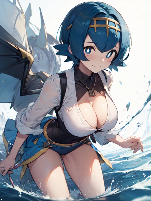 (masterpiece), 1girl, solo, cleavage, hanging , leaning forward, wide hips, horny face, pkmnLana, pokemonlana, pokemonlana, blue eyes, blue hair, freckles, hairband, short hair, white pupils, yellow hairband, (bright pupils:1.5), big breasts, large breasts, breast focus, both hand on hips, smirk