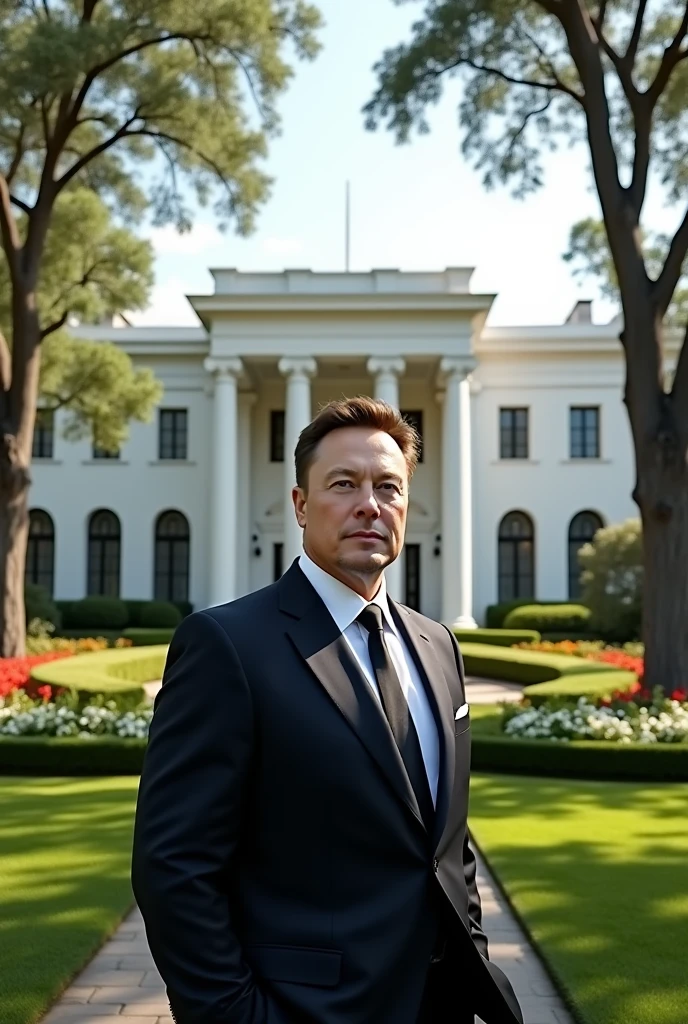 Elon Musk in a white mansion with arches on its pillars, the field with gardens and leafy trees 
