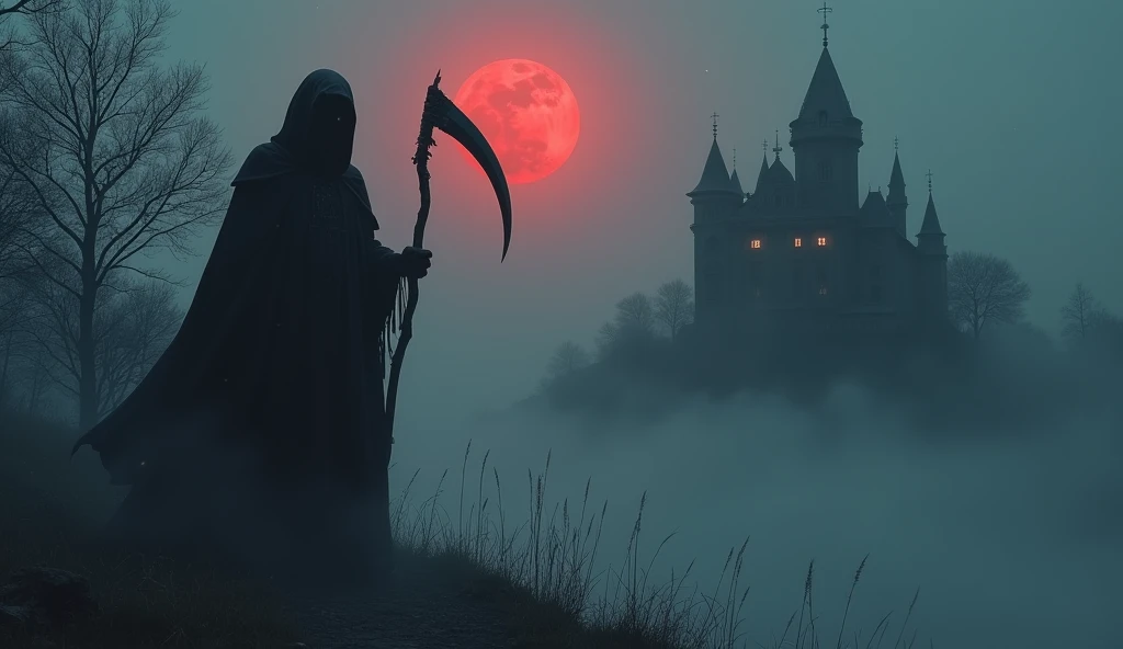 Mysterious Fog, light particles, old castle, red moon, The Grim Reaper stands with his scythe,