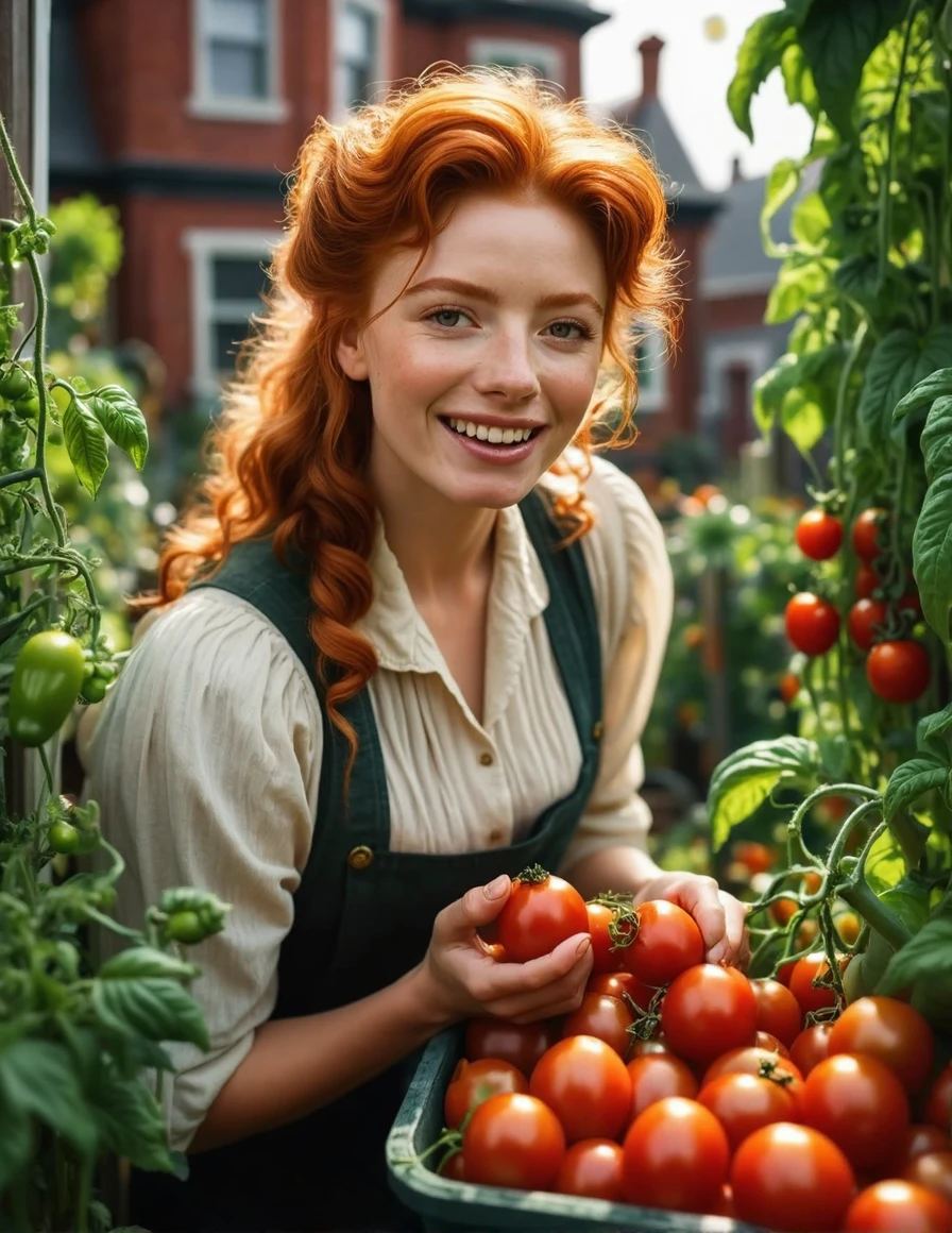 20 yo [Sophia Loren:Maude Adams:0.45] as a beautiful ginger haired Victorian House Work workers, biting ripe juicy tomatoes while tending her vegetables urban garden at her Victorian working class Tiny Apartment backyard, insanely detailed and intricate, bokeh, shallow depth of field, Don Lawrence cinematic photorealistic color comic scene style, low-key, octane render, octane lighting