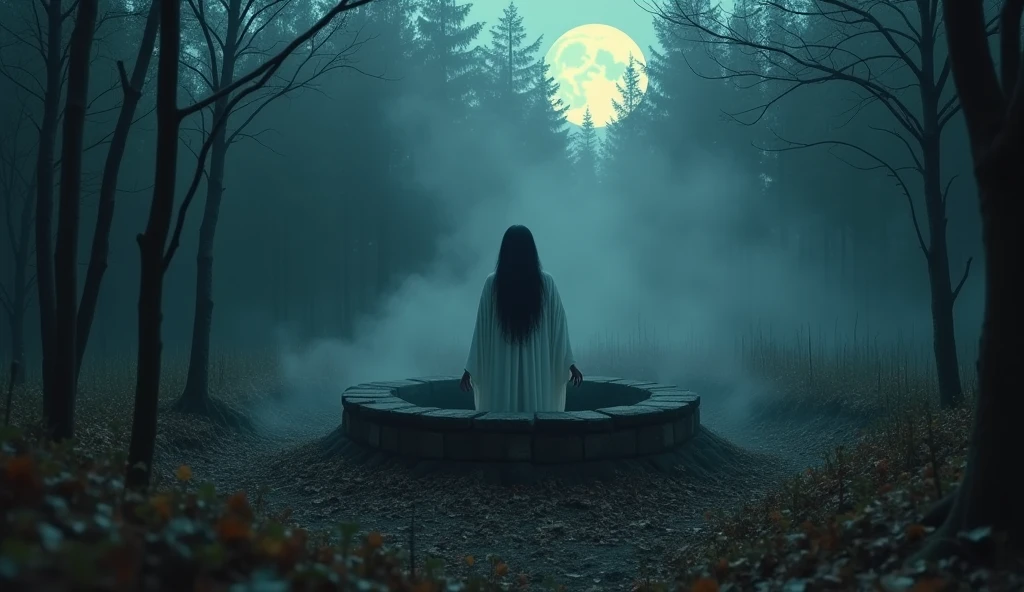 (masterpiece, best quality, super detailed), Super realistic, In the forest, bathed in the dim light of the moon, there is an old well in a field of dead leaves. A ghostly woman from Japanese folklore just emerges from the well. She is wearing a long, flowing white robe, and her black hair cascades down her face. (She has her hands on the edge of the well, and her head has just emerged from the well). ((A Mysterious Fog surrounds the well thick)), unsettling atmosphere, Inspired by the movie Ring