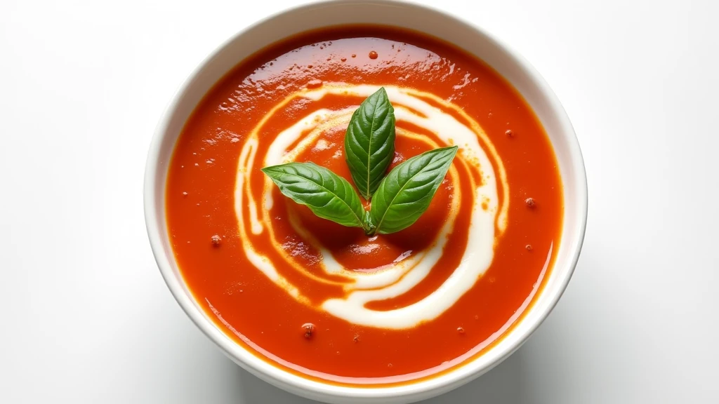 : A rich and creamy bowl of tomato soup with a swirl of cream and fresh basil leaves, set against a white backdrop. 8k  